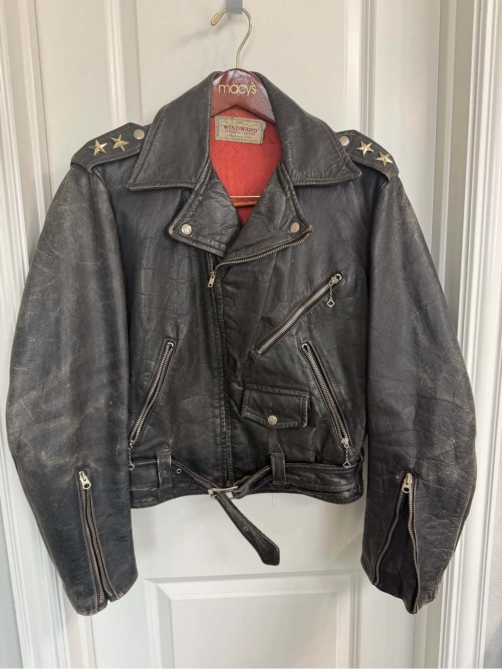 1950s Windward by Montgomery Ward Black Leather Biker Jacket Stars Belted